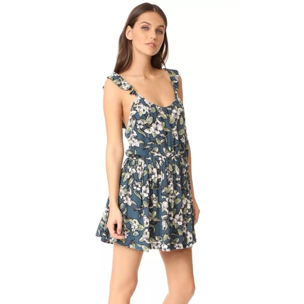 Free People Teal Floral Ruffle Strap Mini Dress